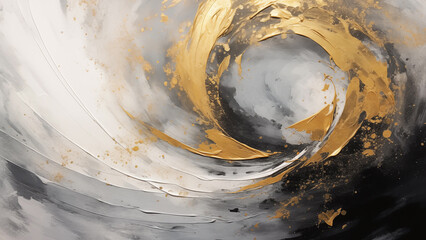 Abstract painting of gold and gray swirls drawn in strip painting technique. - obrazy, fototapety, plakaty