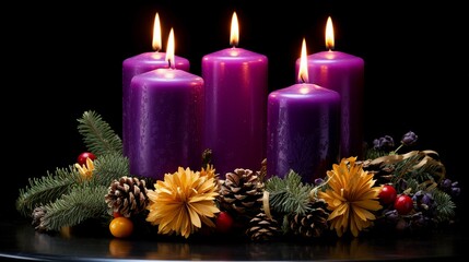 Obraz na płótnie Canvas Handmade Beeswax Candles on Advent Wreath, Traditional Festive Decoration