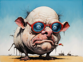 Very funny portrait, weerd caricature of pig, illustration, comic, poster and tshirt mockup