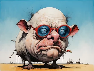 Fotobehang Very funny portrait, weerd caricature of pig, illustration, comic, poster and tshirt mockup © ArtistiKa