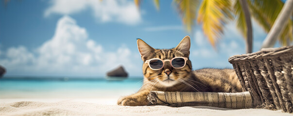 Funny cat with sunglasses on tropical bech drinking fresh juice. Cool cat concept - obrazy, fototapety, plakaty