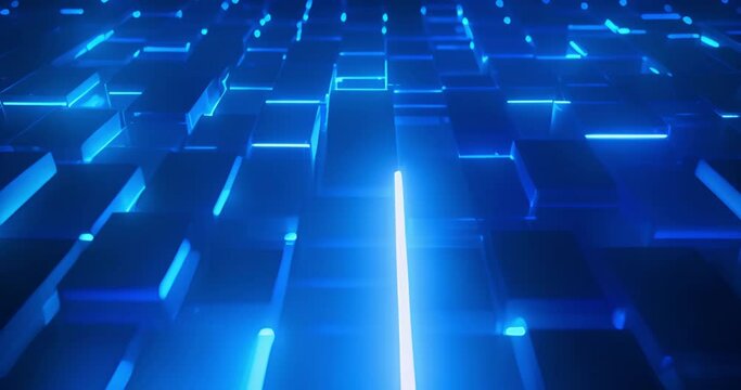 Floor blocks and lights in future abstract perspective room. Digital technology and VR concept background. Glowing box cubes movement in cyberspace wallpaper.
