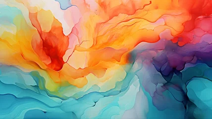 Poster Abstract watercolor paint background, splash of multicolor paint, orange and blue swirls of colors, waves, splatter of acrylic paint, Abstract painting with vibrant colors, paint, brush strokes  © GrafitiRex