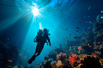 Naklejka na ściany i meble Exploring Tropical Ocean Coral Reefs: Scuba Diving Adventures in Caribbean, Fiji, and Maldives. Underwater Wonders