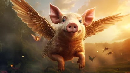Fotobehang flying pig woth collorfull backgrund.Generative AI © sudipdesign