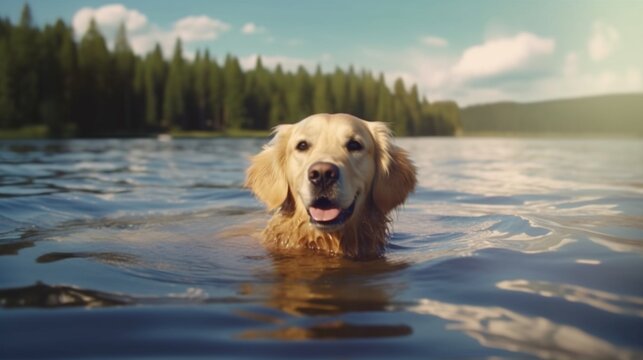 Generate an image of a Golden Retriever swimming in a.Generative AI