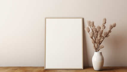 A neatly styled framed canvas and flower pot placed in front of a beige wall.