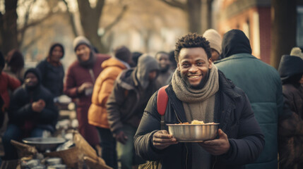 African homeless man in warm clothes eats food. Volunteers distribute food to the poor outdoors. The concept of volunteering, helping. - obrazy, fototapety, plakaty