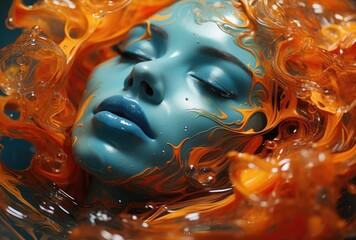 This stunning artwork showcases a vibrant liquid symphony with a blue woman face. The fluid blending forms create a realistic and captivating image that is perfect for any creative project