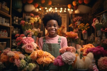 happy african american boy florist in flower shop