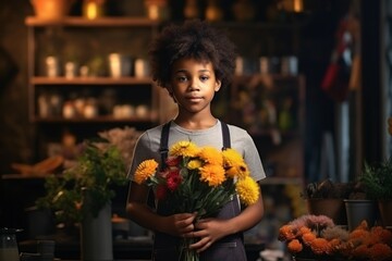 happy african american boy florist in flower shop