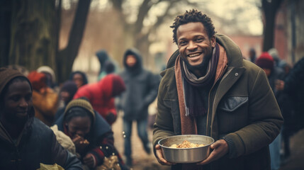 African homeless man in warm clothes eats food. Volunteers distribute food to the poor outdoors. The concept of volunteering, helping. - obrazy, fototapety, plakaty
