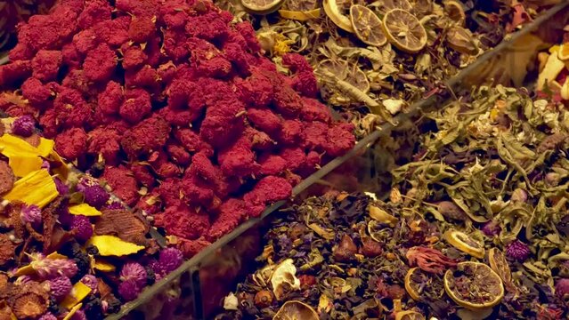 Dried fruits and various types of tea. Istanbul street market