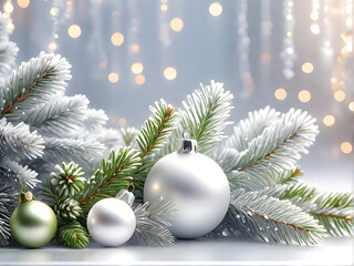 Fototapeta na wymiar Rama de abeto verde navideño decorada con bolas de Navidad de diferentes colores y tamaños. Decoración navideña en verde y blanco con luces borrosas de fondo. Creada con IA.