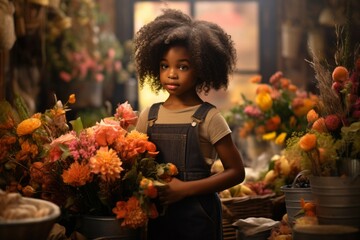 happy african american girl florist in flower shop