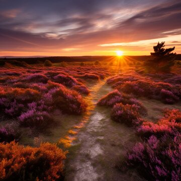 A fiery sunset over a peaceful heath, heather and gorse bushes casting long shadows across the undulating land.