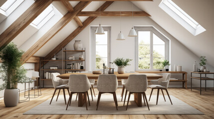 Fototapeta premium New style dining room with solid wooden table, white chair, chandelier and decorative glass roof