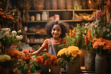 happy indian girl florist in flower shop