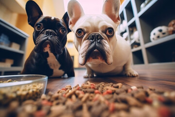 dogs unhappy with dog food ,puppy hate food ,boring in the house. - obrazy, fototapety, plakaty