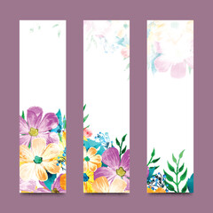 Artistic website banner set decorated with colorful watercolor flowers.