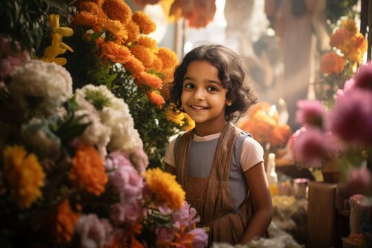 happy indian girl florist in flower shop