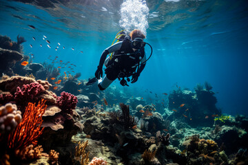 Fototapeta premium Exploring Tropical Ocean Coral Reefs: Scuba Diving Adventures in Caribbean, Fiji, and Maldives. Underwater Wonders