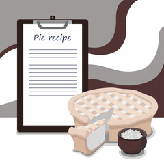 Recipe template for cottage cheese pie, place for writing text, free lines, ready-made pie
