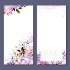 Artistic vertical website banners set with watercolor flowers decoration.