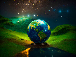 Obraz na płótnie Canvas a globe in dark creative space, characterized by sparkling stars