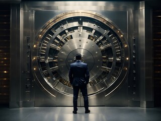 a person in a suit standing in front of a massive, intricate bank vault door - obrazy, fototapety, plakaty