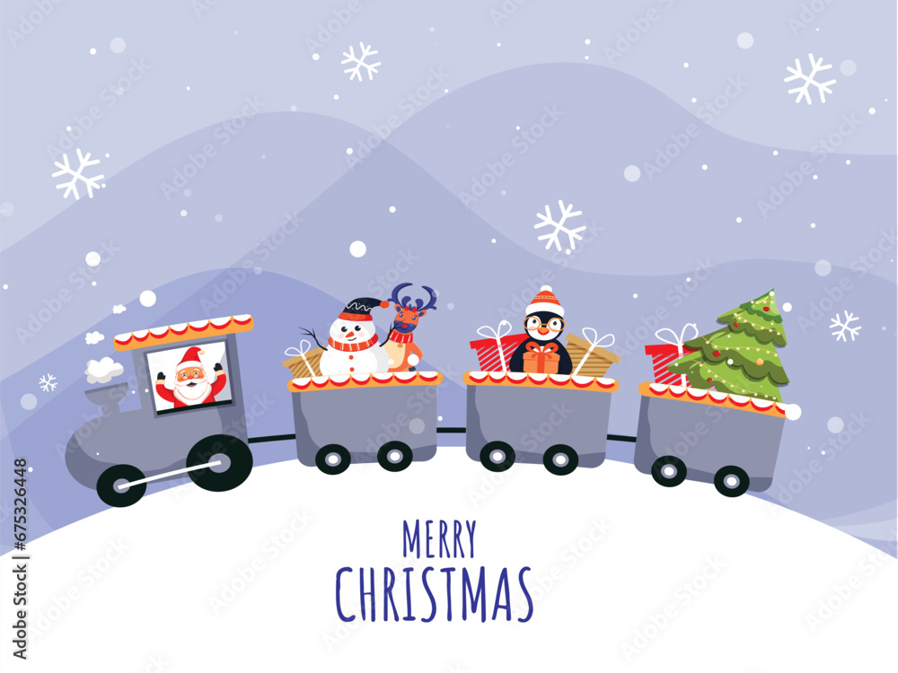 Canvas Prints merry christmas celebration train on light blue and snowy background.