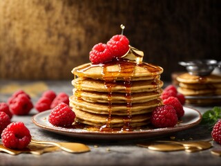 pancakes adorned with ripe raspberries and a drizzle of syrup