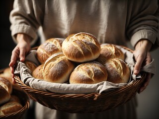 a person is holding a basket of freshly baked bread loaves