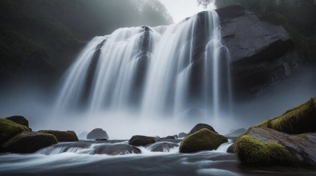 A dynamic shot of a powerful waterfall shrouded in mist, captured from a low angle, emphasizing the force and energy of the flowing water, AI generated, background image