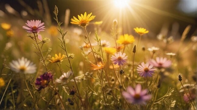 A meadow bursting with a riot of colorful wildflowers, with the sun's warm rays casting a golden glow on the blossoms, AI generated, background image
