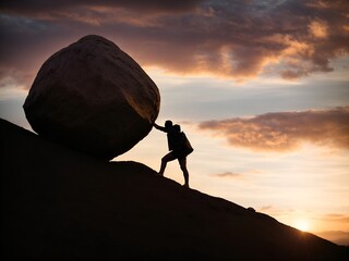 a person appears to push a giant boulder up a hill against a dramatic sunset sky, challenge concept