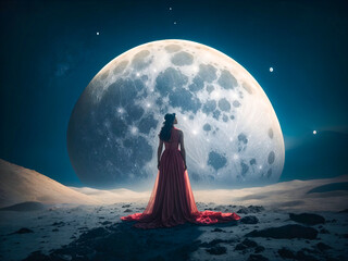 Fototapeta na wymiar A woman in a flowing gown stands on a lunar landscape, creating a surreal scene