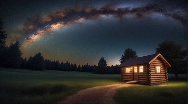 A serene night landscape with a quaint cabin under a starry sky, where the Milky Way arches overhead, AI generated, background image