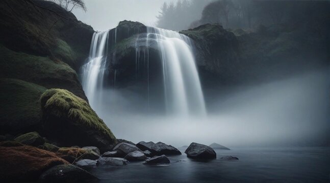 A surreal and moody photograph of a misty waterfall, with the mist and fog creating an enigmatic atmosphere, AI generated, background image