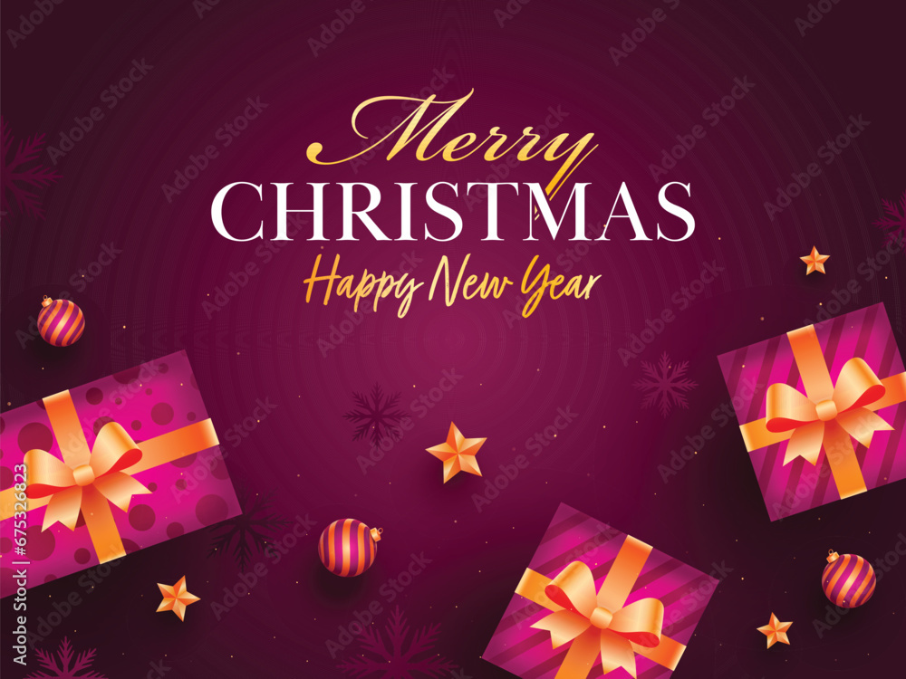 Poster Merry Christmas & Happy New Year Poster Design with Top View of Realistic Gift Boxes, Baubles and Golden Stars Decorated on Magenta Snowflakes Background.