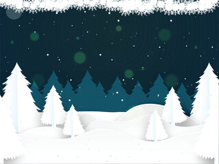 Fototapeta premium Paper cut Snowflake Winter Landscape with Christmas Tree Background in Green and White Color. Can Be Used as a Design Banner or Poster Design.