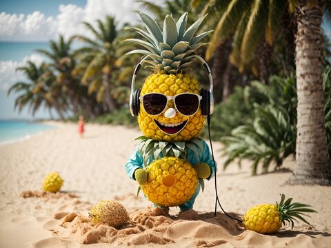 A cheerful 3D ananas character with headphones, sunglasses, on a sandy beach