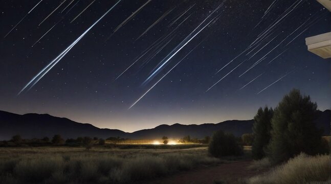 An astrophotograph of a meteor shower, with streaks of light from falling meteors against the backdrop of a clear, starry night sky, AI generated, background image
