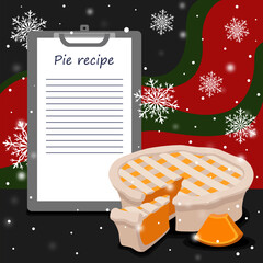New Year's template, pumpkin pie recipe, place for writing text, free lines, falling snow, snowflakes