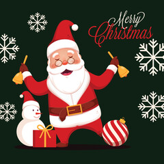 Cheerful Santa Claus Holding Jingle Bells with Snowman, Bauble and Gift Box on Green Snowflake Background for Merry Christmas Celebration.