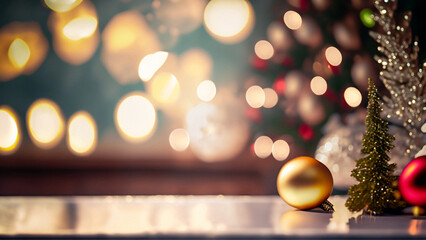 Fototapeta na wymiar Enfeites natalinos sobre um balcão de superfície reluzente e luzes em bokeh ao fundo.