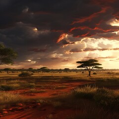 A sprawling savanna just after a storm, with the rich, red e