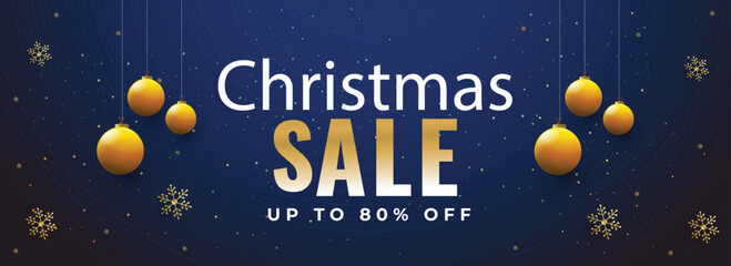 Blue header or banner design decorated with hanging baubles and 80% discount offer for Christmas Sale.