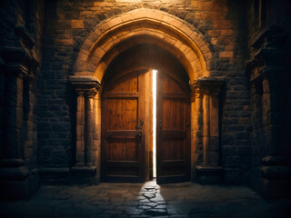 a heavy wooden door with iron hinges set into a stone archway - obrazy, fototapety, plakaty