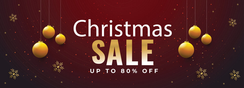 Red header or banner design decorated with hanging baubles and 80% discount offer for Christmas Sale.